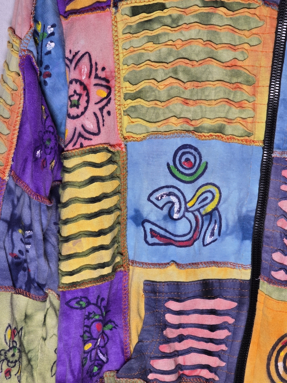 Rising International Patchwork Multicolor Hooded Jacket Boho Sun & Spiral Motif - Picture 3 of 7